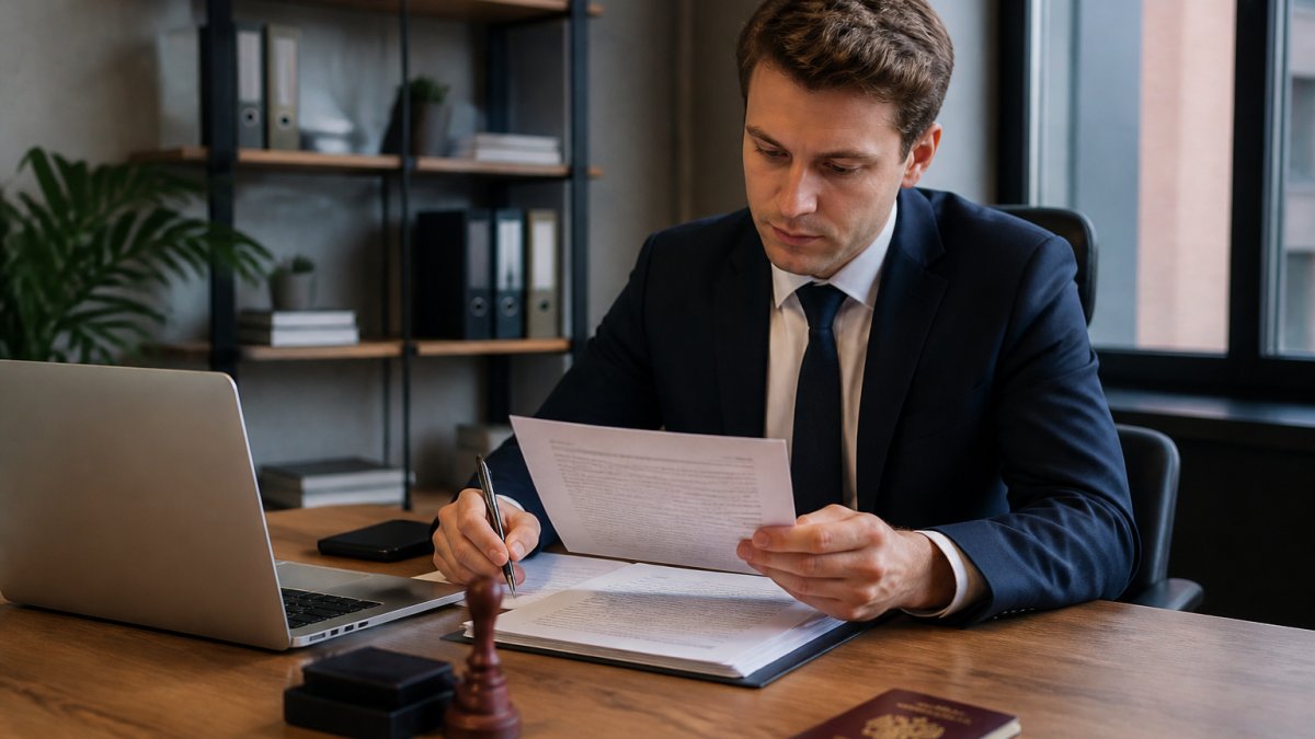 Professional reviewing legal documents for German company formation at a desk with a passport and notary stamp
