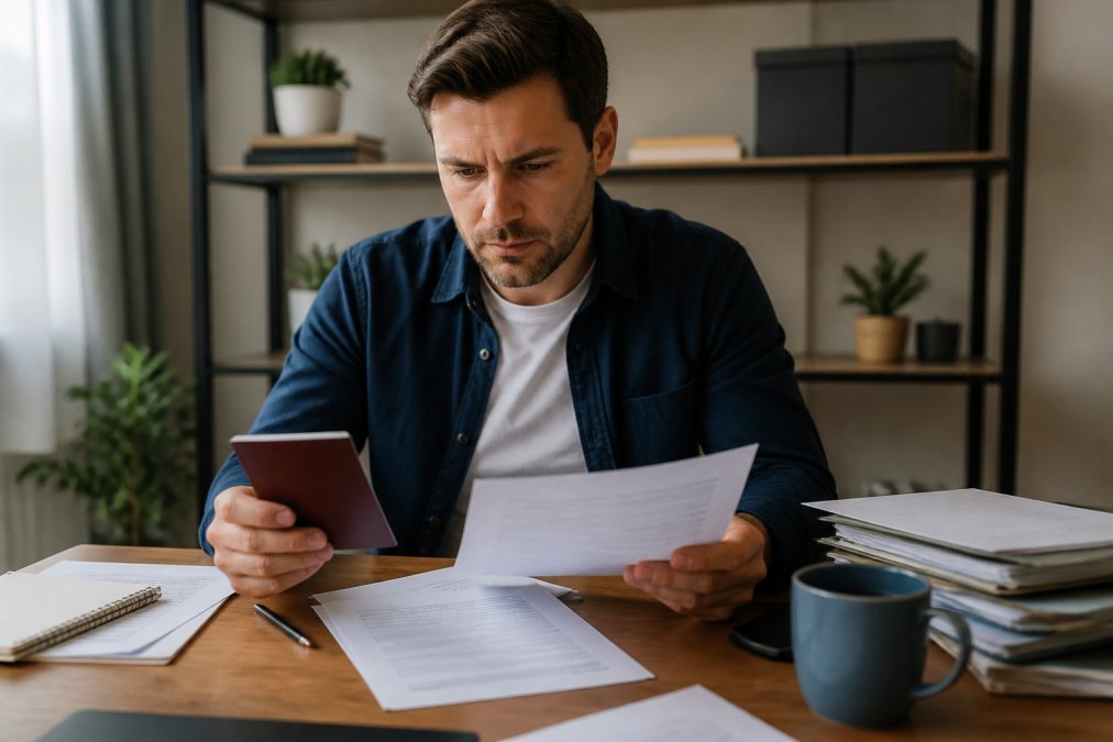 Foreign entrepreneur reviewing bank documents and a passport while calculating GmbH formation costs at a desk.