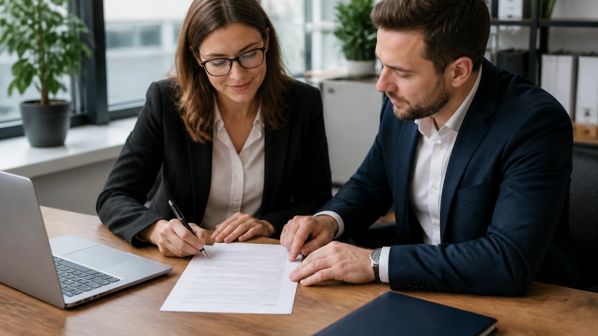 Business professionals signing a German employment contract while hiring local staff at a bright office desk.