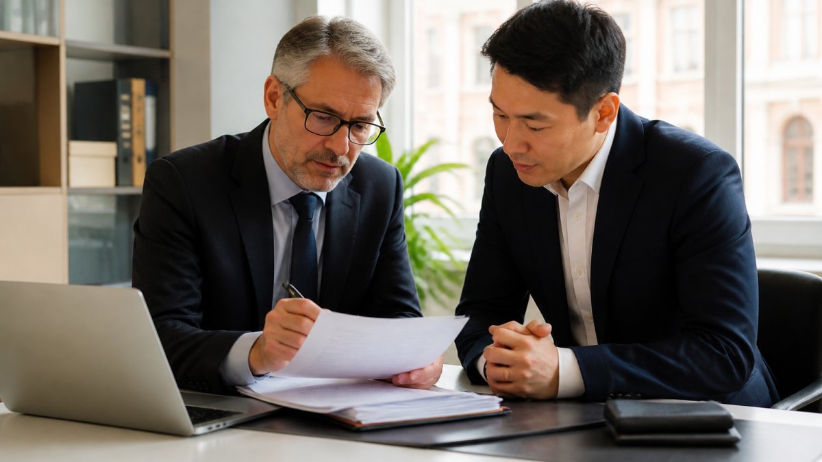 A German notary in formal attire reviewing legal documents with an international client in a bright, modern office, laptop and paperwork on the desk