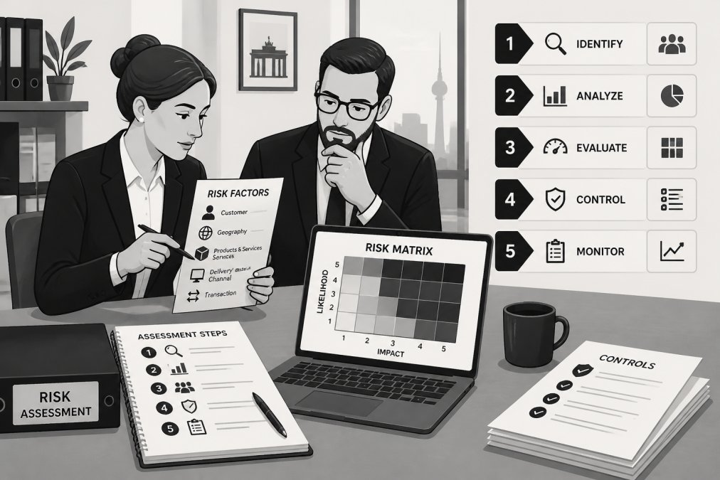 A compliance officer and a colleague reviewing risk assessment documents at a desk in a modern German office, with a laptop showing a risk matrix and a notepad