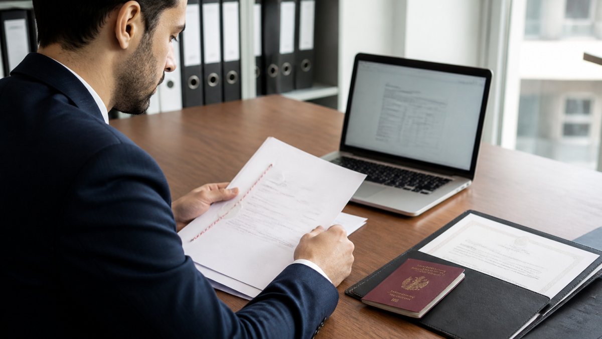 A foreign founder at a desk reviewing notarized German incorporation documents and a laptop showing a commercial register entry, with a passport and folder of certificates nearby