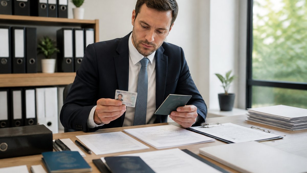 A business professional in a bright office reviewing identity documents and corporate papers spread across a desk, with a laptop showing a commercial register search open nearby