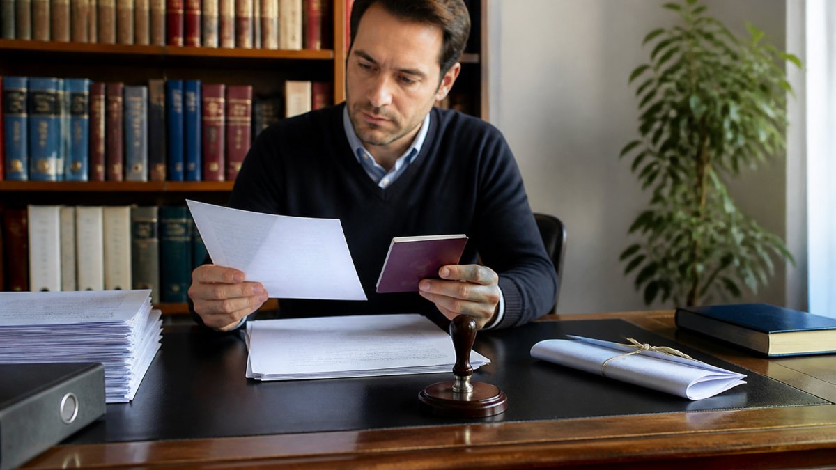 An international entrepreneur sitting at a desk with a laptop, reviewing company formation documents and a passport, with a notary stamp and official papers visible on the desk