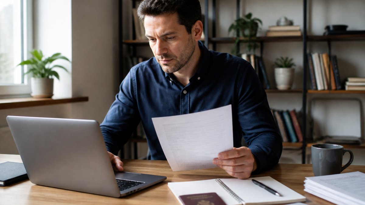 An international entrepreneur in a home office reviewing documents on a laptop, with a passport and notepad visible on the desk, conveying careful due diligence before signing a service agreement