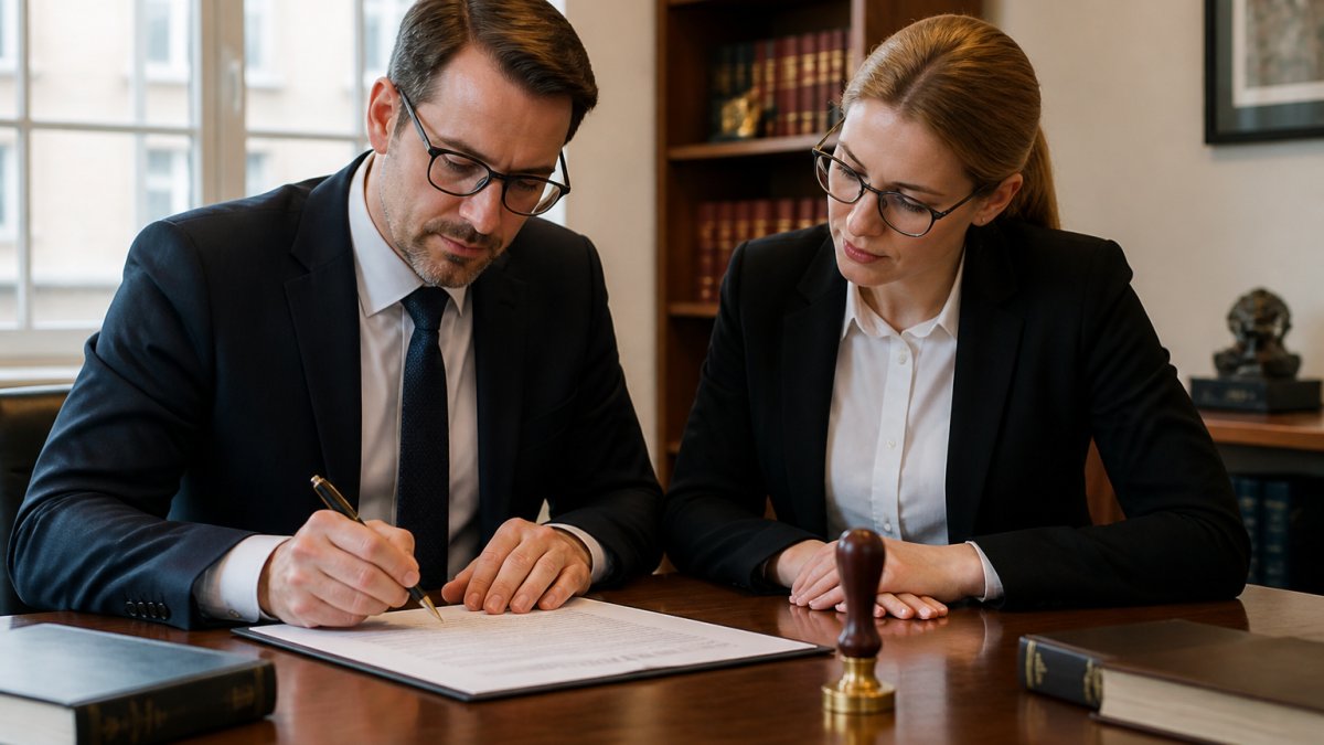 Two business professionals reviewing and signing a legal agreement at a wooden desk in a bright German office, with a fountain pen and notary stamp visible